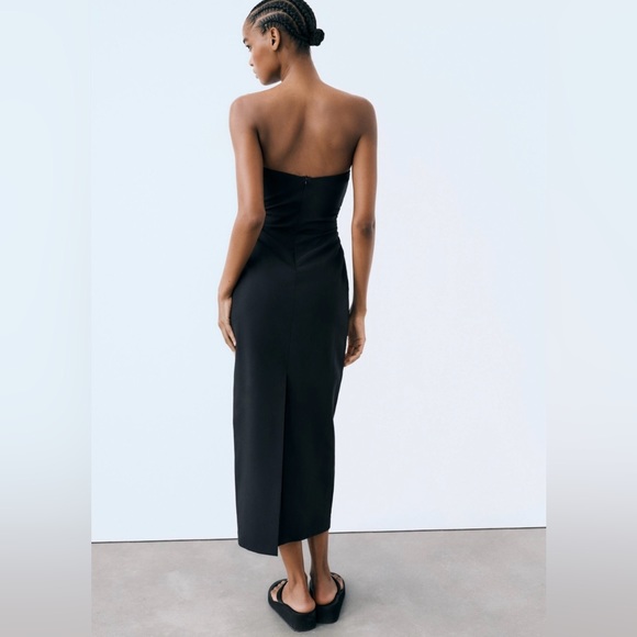 ZARA NWT Black Strapless Cut-Out COTTON Blend MIDI Dress Size Small - Picture 4 of 11